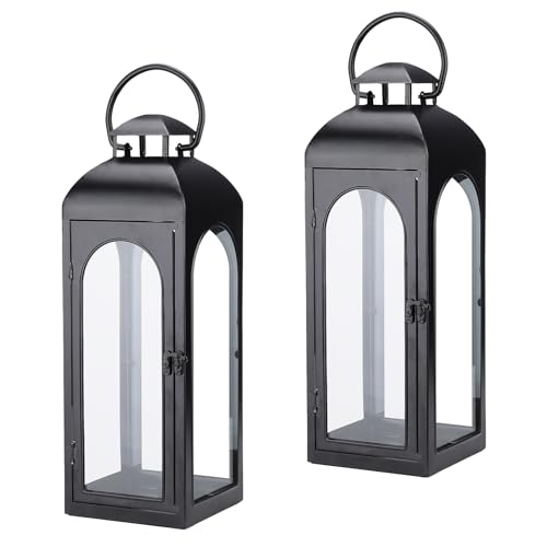 "2 Pack 16"" Black Metal Modern Decorative Lanterns with Clear Glass Panels for Porch, Table, Mantle, Wall Hanging or Garden"