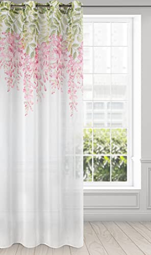 Eurofirany Julieta 382706 Transparent Flower Curtain with Eyelets Light Linen Look Living Room Kitchen Children's Room Bedroom Window Curtain 140 x 250 cm White and Pink