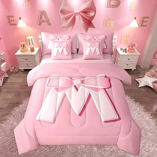 jejeloiu Pink Bowknot Bed Set, Twin Size, Decor Gifts for Women Teen Girl Ultra Soft Personalized Initial M 7 Pieces Beeding Set, Girly Romantic Bed in a Bag with Comforter, Sheets, Pillowcases