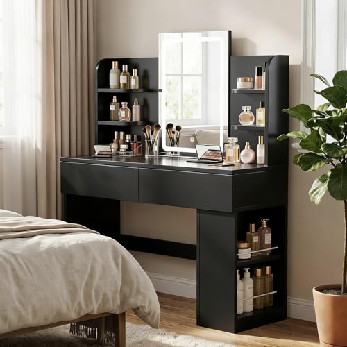 JUMMICO Dressing Table with LED Mirror,Vanity Desk with 2 Large Drawers,Adjustable Brightness,Makeup Table with Open Shelves and Sideboard,Bedroom Furniture (Black, 108cm)