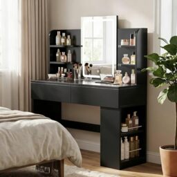 JUMMICO Dressing Table,3 Color LED Mirror,Adjustable Brightness (black, 108cm)