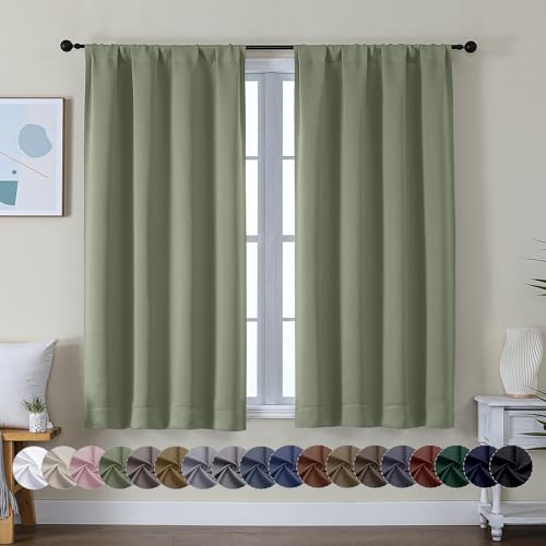 Simplebrand Ava Sage Green Short Blackout Curtains for Bedroom 54 Inches Long 2 Panels Set, Solid Thermal Insulated, Energy Saving Window Treatment Curtains Blackout Drapes, W40 x L54 Inch, Sage Green