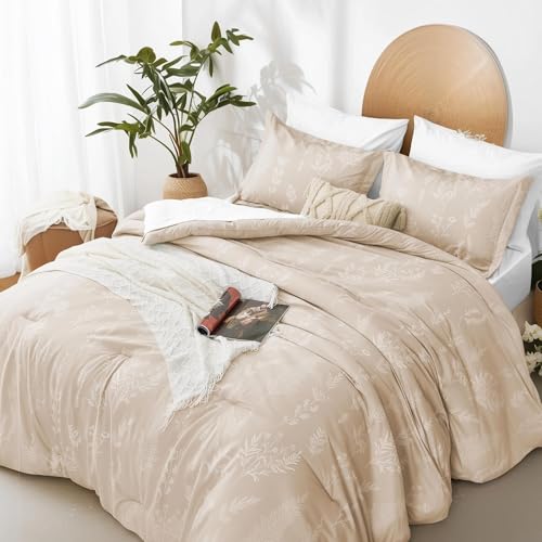 Kozyhvn Floral Comforter Set King Khaki, Cute Flower Bed in a Bag King Boho 7 Pieces, Soft Fluffy Bedding Sets with Comforter, Sheets, Pillowcases & Shams, All Season