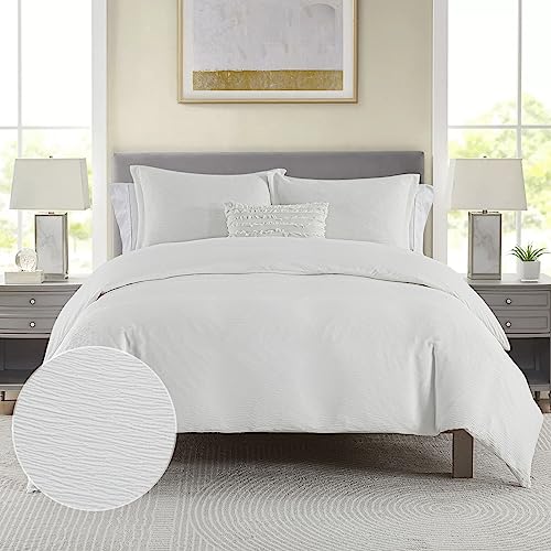 CozyDH Texture Duvet Cover King Size - White Faux Cotton Wrinkle Stripe Seersucker King Duvet Cover Set, 3 PCS Super Soft Lightweight Bedding Set (Cloud Cotton-Like, 104 x 90, No Comforter)