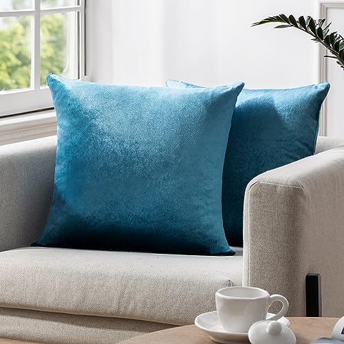Phantoscope Pack of 2 Velvet Decorative Throw Pillow Covers Soft Solid Square Cushion Case for Couch Shiny Blue 20 x 20 inches 50 x 50 cm