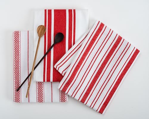 Casa De Lan Kitchen Towels Set ??? Pack of 3 (20?????? x 30??????) Extra Large Premium Cotton Dish Towels for Kitchen ??? Absorbent ??? 100% Cotton ??? with Hanging Loop ??? Red Multi Design Striped