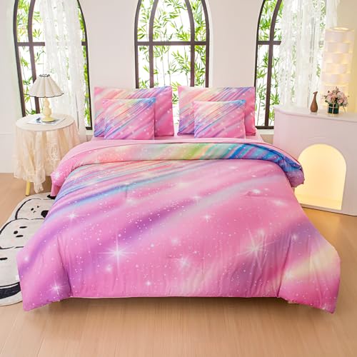 BQH Twin Comforter Set for Girls Galaxy Bedding 7pieces, Ombre Bedding Comforter Sets Rainbow Comforter Glitter Bedding Twin Teen Comforter Sets for Girls