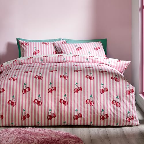 Catherine Lansfield Disco Cherries Stripes Reversible King Duvet Cover Set with Pillowcases Pink