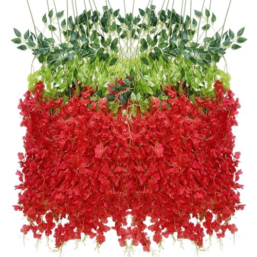 WONICE Artificial Wisteria Hanging Flowers, Fake Wisteria Flower Garland Silk Vines Rattan String Decor for Home Wedding Arch Wall Garden Greenery Bedroom Outdoor Office Party Decoration (24, Red)
