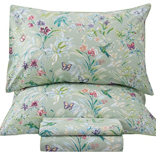 "QSH Floral King Size Sheet Sets - Green Flower Bird Butterfly Print Botanical Bedding Egyptian Cotton Printed Sheets King Size Bed Extra Soft and Breathable 17.5"" Deep Pockets Bed Sheets 4pcs"