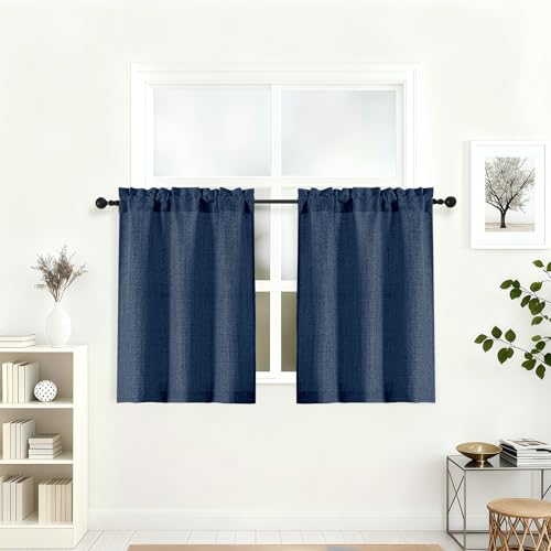 "Lecloud Navy Blue Curtains 30 Inch Length 2 Pcs, Airy Privacy Light Filtering Short Kitchen Curtain, Soft Modern Window Drapes for Cafe Bathroom Cabinet RV Camper Basement, Each Panel 30"" W x 30"" L"
