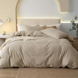JIYUAN 100% Washed Cotton Duvet Cover Bedding Set 3 Pieces(1 Duvet Cover + 2 Pillow Shams), Soft Comfy, Simple Style(King, Beige)