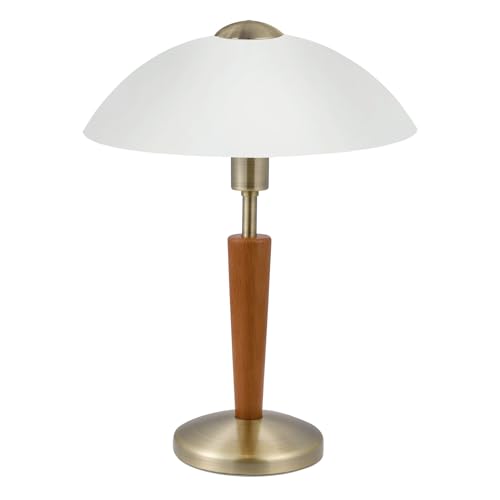 Eglo Solo 1 Table Lamp, 1 Bulb Table Lamp, Material: Steel, Wood, Colour: Burnished, Walnut, Glass: Satin White, Socket: E14, Includes Touch Dimmer