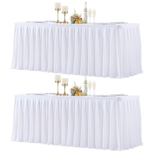 2 Pack White Rectangle Tablecloth 6 FT Stretch Spandex Fitted Table Cloth for 6 Foot Rectangle Tables Banquet Tablecloths Wrinkle Free Table Cover Stitch Ruffle Table Skirt for Party Wedding Birthday
