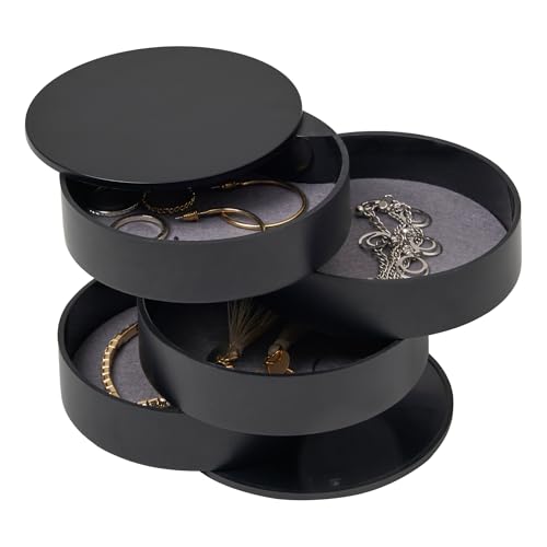 YAMAZAKI Tower 4-Tiered Accessory Box, black - ABS Resin, with Felt Mats, Individually Rotatable, Dustproof, Jewelry Storage, 10 x 10 x 10 cm, Japanese Design