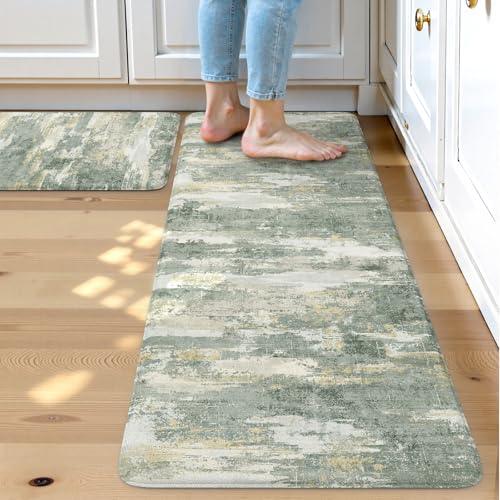 "Collive Anti Fatigue Kitchen Mats, Grey/Green Kitchen Rugs Sets of 2 - Abstract Non Slip Waterproof Sink Rug, Cushioned Comfort Standing Desk Rug for Home Office Laundry Bathroom, 17""x29""+17""x47"""