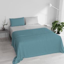 Double Bed Sheet Set, 100% Natural Cotton, Made in Italy – Complete Bed Set, Fitted Sheet, Top Sheet 240 x 300 cm and Pillowcases with Inner Flap, Teal/Light Grey