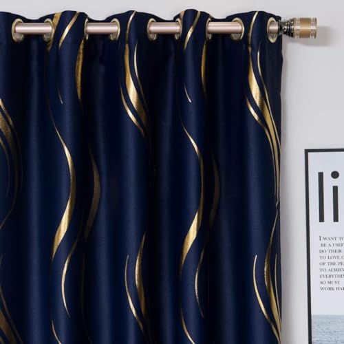 MYRU 1 Pair Navy Blackout Curtains for Bedroom, Luxury Striped Curtains for Living Room(Navy and Gold, 2 Panels 54 x 102 Inch)