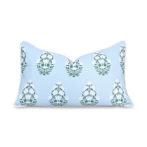 "Hofdeco Premium Coastal Patio Indoor Outdoor Throw Pillow Cover Only, 12""x20"" Water Repellent for Backyard, Couch, Baby Blue White Green Floral with Piping"