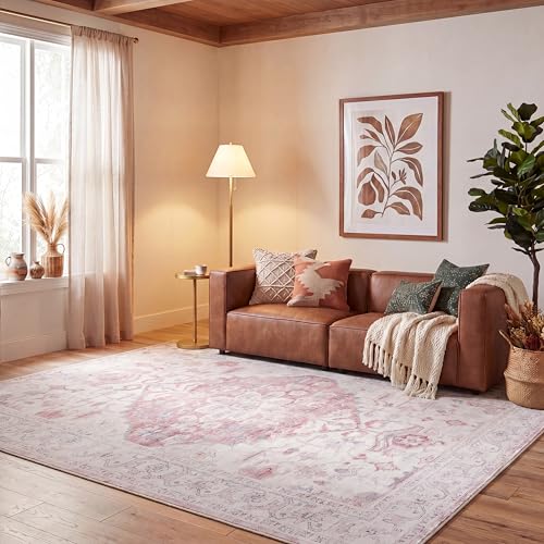 Safavieh Traditional Rug Ideal for High Traffic Areas - Machine Washable and Non Slip - Tucson Collection, Short Pile, in Beige and Red, 244 X 305 cm