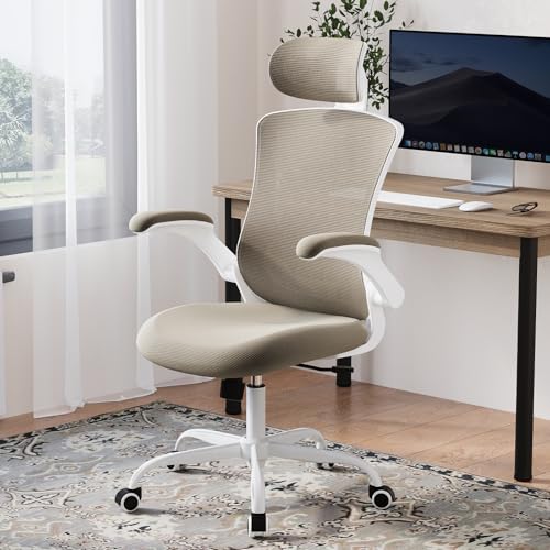 COLAMY Ergonomic Office Chair with Lumbar Support, Mesh Desk Chair with Adjustable Headrest, Computer Chair with Flip-up Armrest, Adjustable Seat Height and Tilt Function for Home Office Study, Khaki