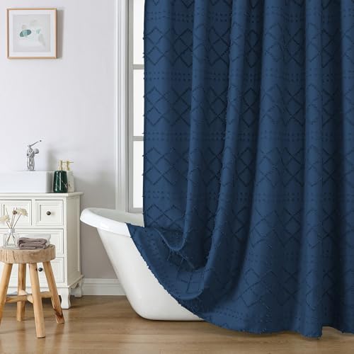 "Lecloud Dusty Blue Stall Boho Shower Curtain, Modern Tufted Plaid Striped Narrow Half Size Fabric Shower Curtain, Farmhouse Tufted Textured Shower Curtains for Bathroom, 36"" W x 72"" L"