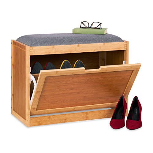 Relaxdays Shoe Bench with Large Seat, Slipper for Hallway, 2 Adjustable Shelves, Bamboo, 49 x 63 x 23.5cm, Natural/Grey