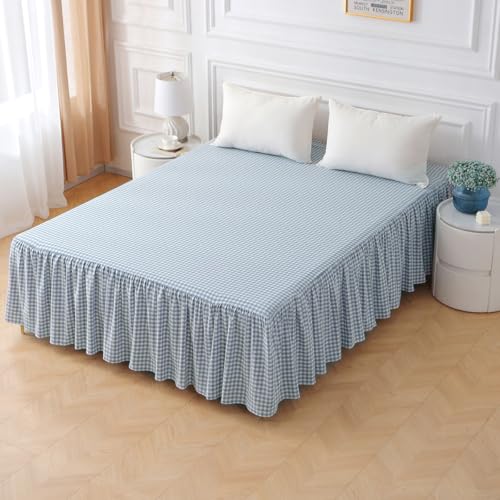 "Silnuo Blue/White Plaid Bed Skirt Washed Cotton Shabby Gingham Checkered Dust Ruffle King Size 18"" Bedding(1 Bed Skirt Only)"