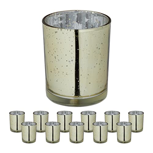 Relaxdays Tealight Holders, Set of 12, Table Decor, Votive Candle Glasses, H x Diam.: 8.5 x 7 cm, Home & Garden, Gold
