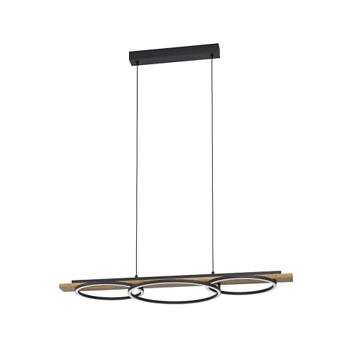 Eglo Boyal Dimmable LED Pendant Lamp, Dining and Living Room Ceiling Light Fixture, Metal, Flamed Wood and Plastic Hanging Lighting Coloured in Black, Brown and White, E27 Socket
