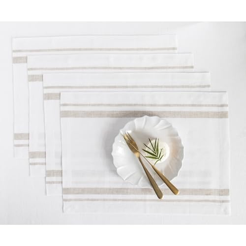 Solino Home 100% Pure Linen Placemats, 14 x 19 in, Natural Stripe, Set of 4 - French Stripe Linen Place Mats place settings for daily dining - woven stripe design - Natural and White - OEKO-TEX Certified