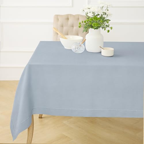 Solino Home 100% Pure Linen Tablecloth Blue, Classic Hemstitch 60 x 108 in - Classic Hemstitch Table Cloth For Fall, Thanksgiving Dining, Table Setting, Home Decor, Indoor & Outdoor Use, Party, Gifting