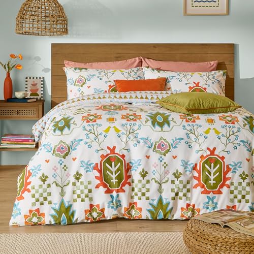 furn. Dilara Duvet Cover Set – Reversible Geometric Bird Turkish Rug Inspired Cotton Blend Bedding (Blue - King)
