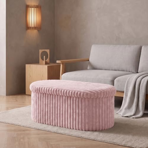 GC GAVENO CAVAILIA Ribbed Boucle Ottoman Storage Box Oval Folding, Pink - Comfortable Hidden Storage Chest Blanket Box 76x38x38 cm - Seat Padded Storage Ottoman Bench For Livingroom Bedroom, Hallway