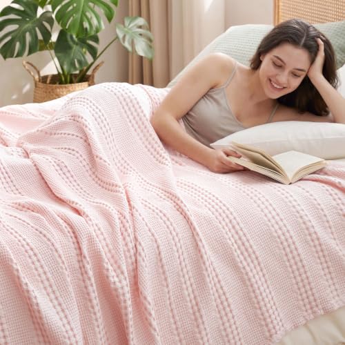 "PHF Cooling Waffle Blanket Twin Size for College Dorm, Lightweight 60% Rayon from Bamboo & 40% Cotton Breathable Blanket for Hot Sleepers, Summer Use, Soft Luxury for Bed Couch Sofa, 66""x90"", Pink"