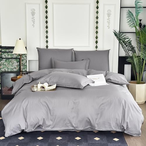 Amolavet Hotel Bedding Duvet Cover California King Cotton Grey Satin Pin Striped Textured with Zipper - Duvet Cover California King 3 Pcs Set 104x96 - Comforter Cover/Quilt Cover