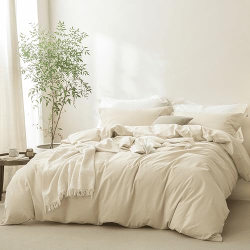 BDEAR Linen Feel Almond Milk Grey Duvet Cover Oversized Queen Size 98'' L x 98'' W, 100% Washed Cotton Duver Cover with Zipper Closure Plus 2 Pillowcases, Oeko TEX Standard Certificated