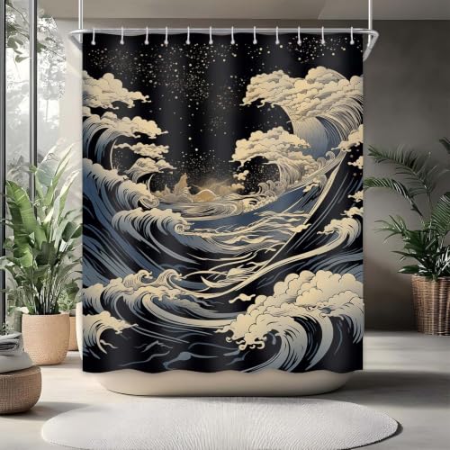 DLTAY Anime Shower Curtain Japanese Great Waves Shower Curtain for Bathroom Oriental Asian Sea Waves Bath Decor with 12 Hooks 70 x 96 Inches