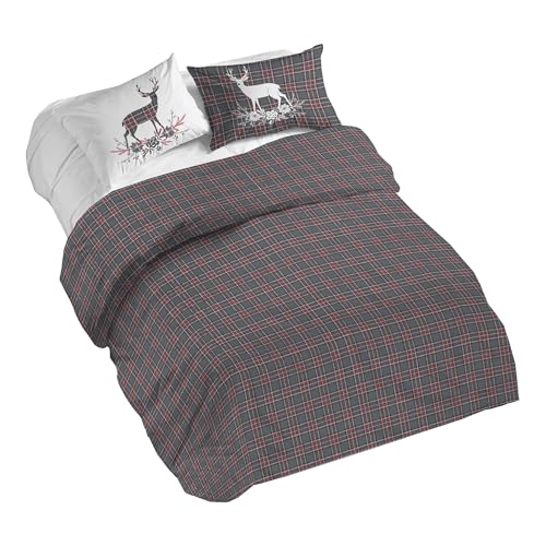 PENSIERI DELICATI Double Duvet Cover Set, 100% Cotton, Complete with 250 x 200 cm Bag and 2 Pillowcases 52 x 82 cm, Made in Italy, Duvet Cover Machine Washable At 40 Degrees, Tartan Deer Design