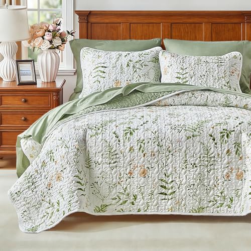 Floral Quilt Set 3 Piece Flower Quilt Sets King Size - Reversible Microfiber Quilt with 2 Shams Soft Breathable Botanical Bedding Spring Bedspread Coverlet Summer Comforter All Season Orange Green