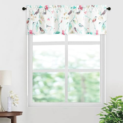 VOGOL Linen Textured Bird Floral Valance, 60 x 14, 1 Panel, Cyan - Soft Natural Light, Country Home Accent, Retro Country Style, Fits Living Room and Kitchen Windows