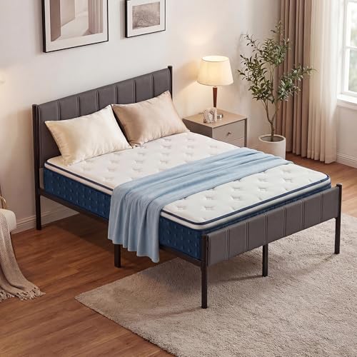 VASAGLE Double Bed Frame Bundle with Mattress, 135 x 190 cm, Upholstered Headboard, Hybrid Pocket Spring and Gel Memory Foam, 500 kg Weight Capacity, Medium Firm, Slate Grey and Blue RMZ226QZ03-01