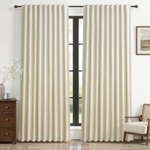 "Warm Cream Blackout Curtains 60 Inches Extra Wide Linen 90 Inch Length for Living Room,Pleated Farmhouse Bedroom Thermal Drapes for Winter Thick Large Window Energy Efficient (60""W x 90""L 2 Panels)"