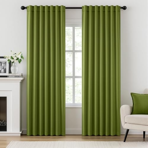 ANRODUO Back Tab Blackout Curtains for Bedroom Living Room, Rod Pocket Pinch Pleated Thermal Insulated Room Darkening Curtains 84 Inches Long 2 Panels, Olive Green, 42 x 84 Inch