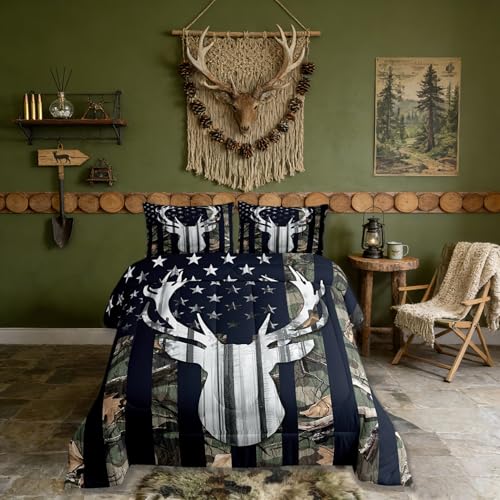 Boys Camo American Flag Comforter Set Twin Size,Army Green Camouflage USA Flag Quilt Set for Teens Room,Deer Antlers Wild Animal Hunting Rustic Farm Plant Stars Stripes Bedding Set, for RV Camping
