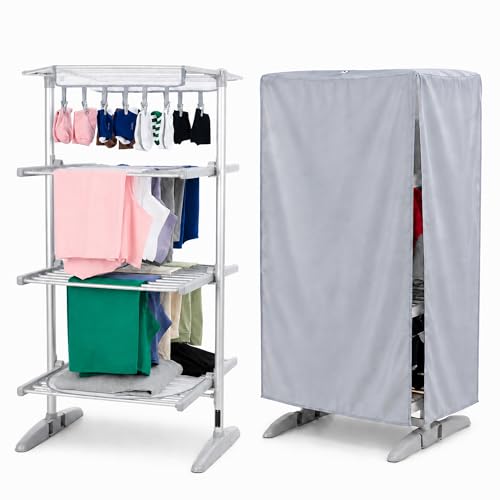 GlamHaus Digital Heated Clothes Airer with Cover, 300W Electric Drying Rack, Adjustable 30-70??C Temperature Control, 9-Hour Timer, Foldable Indoor Laundry Dryer with Extension Wings