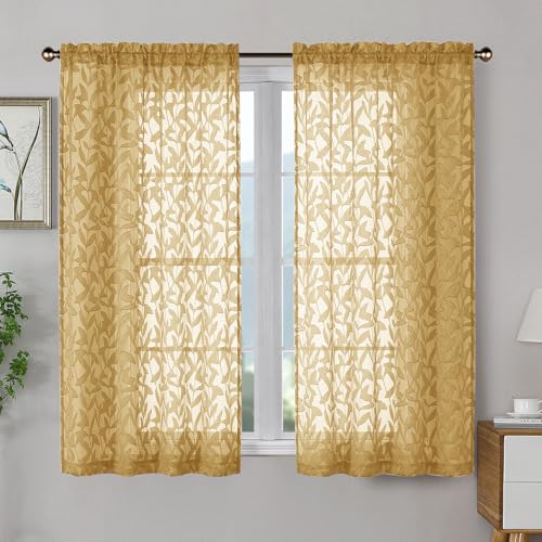 OWENIE Leyna Gold Sheer Curtains 54 Inch Length 2 Panels Set, Soft Airy Clip Jacquard Light Filtering Curtains for Bedroom Living Room, Elegant Leaf Textured Window Drapes, 40Wx54L Inches