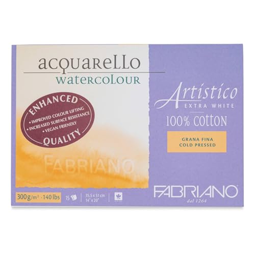 Fabriano Artistico Acquarello Watercolour, Extra White, Fine Grain Cold Pressed, 35.5 x 51 cm, 15 Sheets 300 g/m??, High-Quality Artist Watercolour Cardboard, Pad Glued on 4 Sides, Vegan
