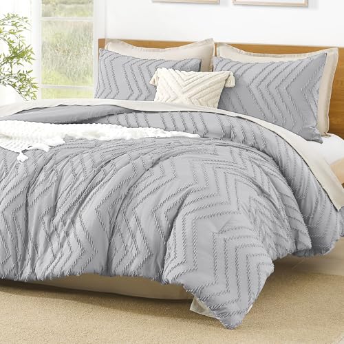 Litanika Super King Plus Comforter Set, 3 Pcs Boho Tufted Bedding Set - Oversized Alaskan King Light GreyNeutral Lightweight Fluffy Chevron Textured Bohemian Bedding Set Gift Choice