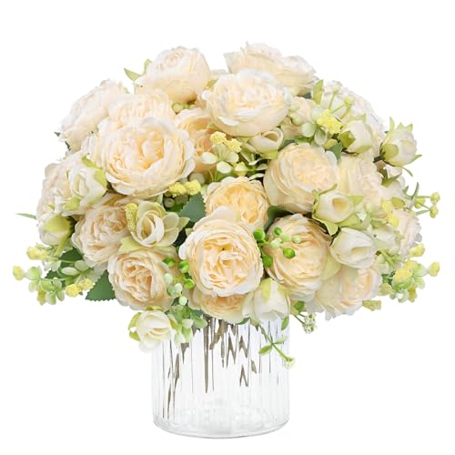 8 Packs Peonies Artificial Flowers, Champagne Silk Artificial Peonies - Fake Peonies Artificial Peony Flower Bouquets for Centerpiece Table Wedding Party Home Decor